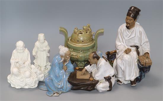 Chinese ceramics, including two blanc de chine figures, two modern terracotta groups and an Archaic style pottery censer